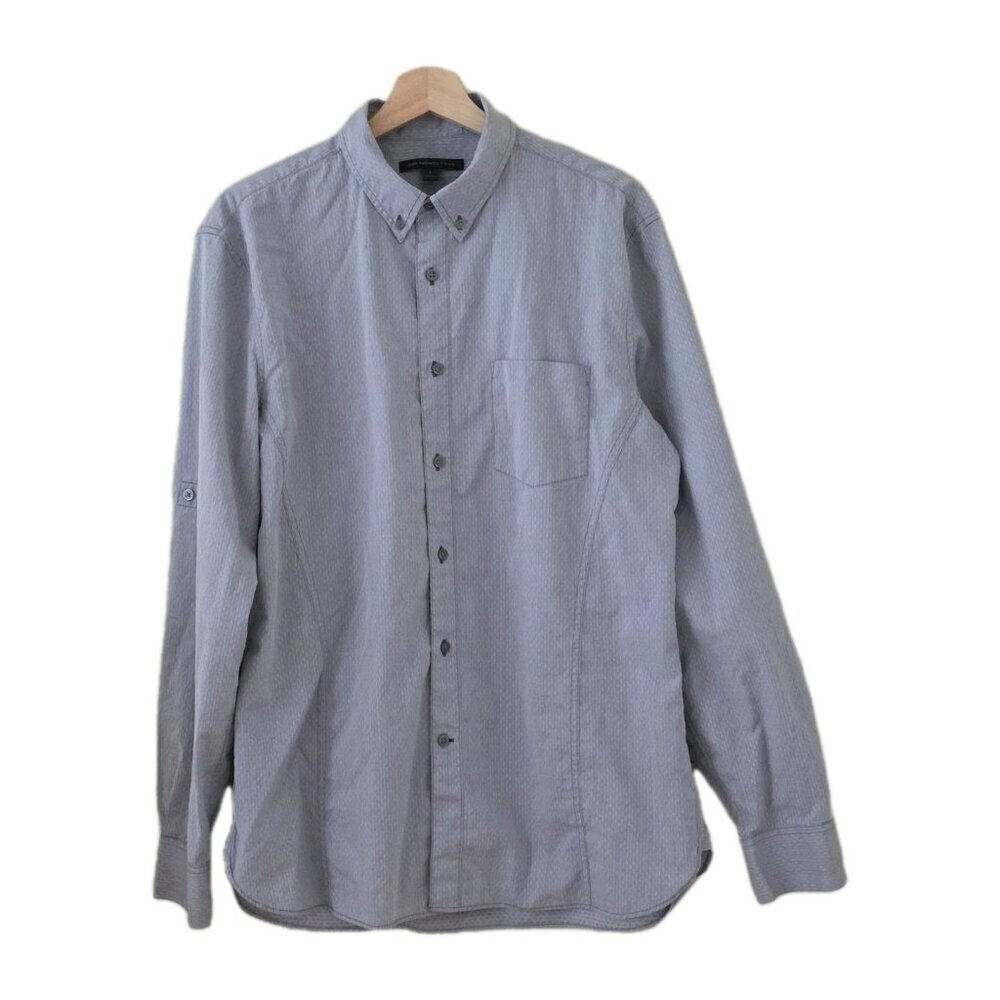 John Varvatos Shirt Mens L Gray Birds Eye LS Button Roll Up Tab Casual Preppy